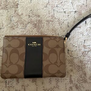 Coach Brown Signature Canvas Wristlet with Black Accent
